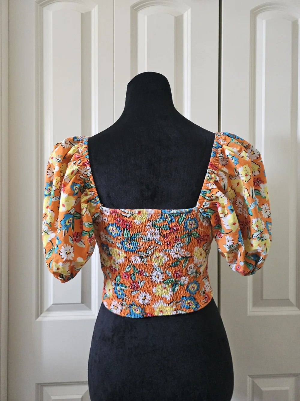 Zara Floral Crop Top  Smocked On or Off Shoulder Orange Multi Boho Western Sz L - Picture 3 of 12